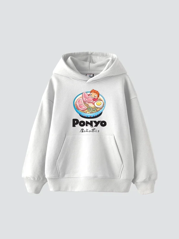 Ponyo Baskılı Oversize Unisex Beyaz Hoodie