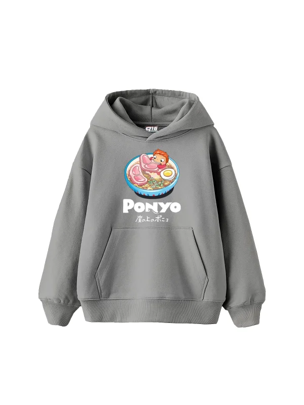 Ponyo Baskılı Oversize Unisex Gri Hoodie