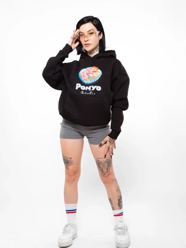 Ponyo Baskılı Oversize Unisex Siyah Hoodie