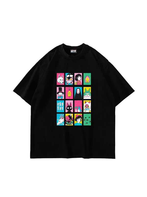 Ghibli Baskılı Oversize Unisex Siyah Tshirt