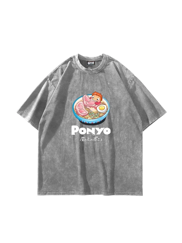 Ponyo Baskılı Oversize Unisex Yıkamalı Beyaz Tshirt