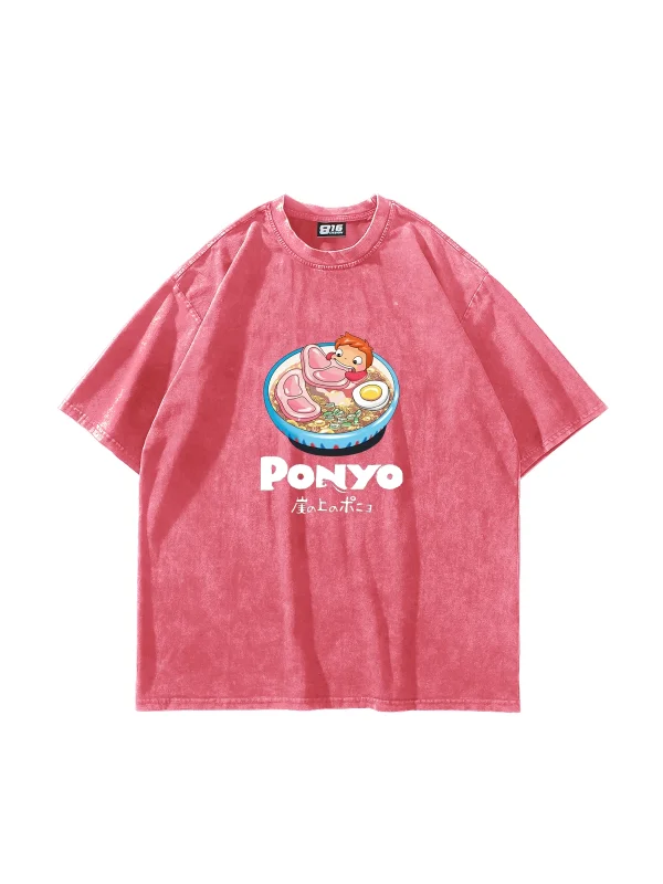 Ponyo Baskılı Oversize Unisex Yıkamalı Pembe Tshirt