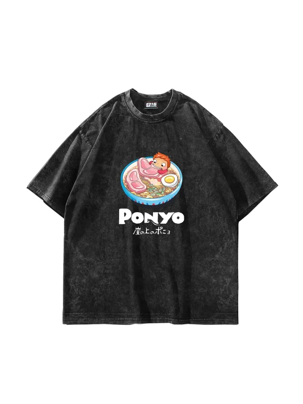 Ponyo Baskılı Oversize Unisex Yıkamalı Siyah Tshirt