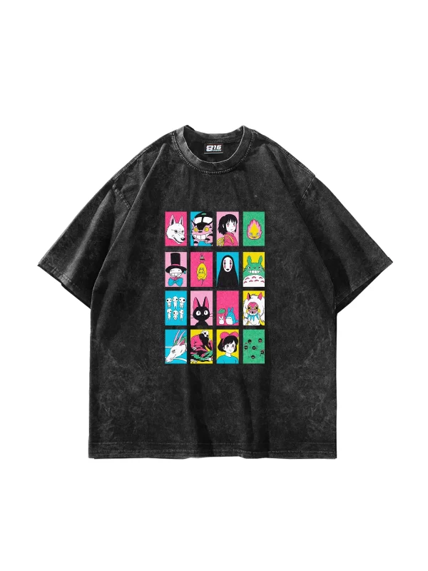 Ghibli Baskılı Oversize Unisex Yıkamalı Siyah Tshirt