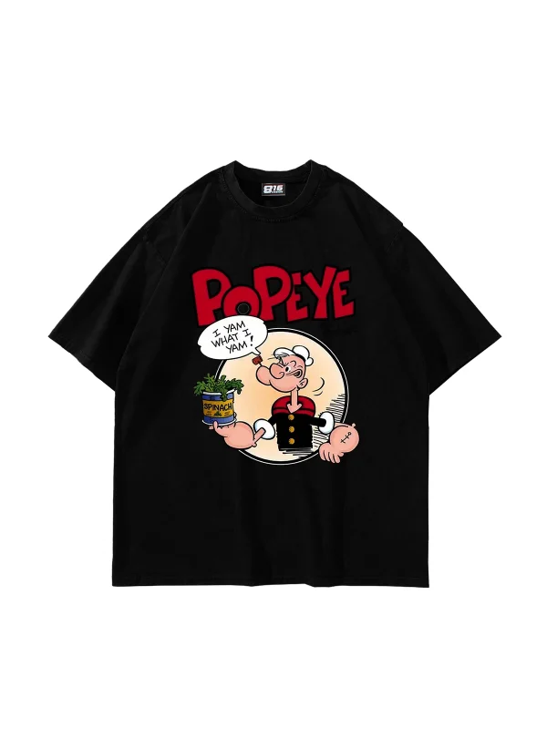 Popeye Baskılı Oversize Unisex Siyah Tshirt