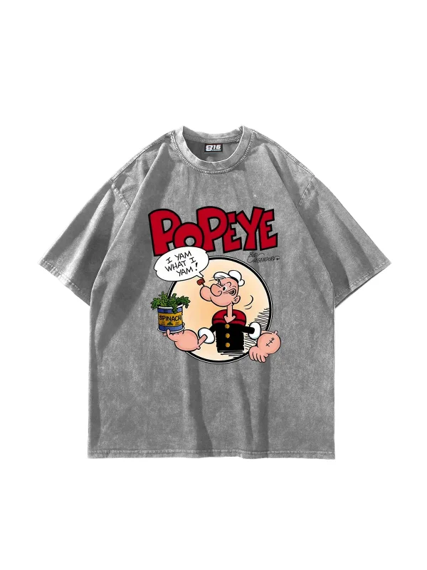Popeye Baskılı Oversize Unisex Yıkamalı Beyaz Tshirt