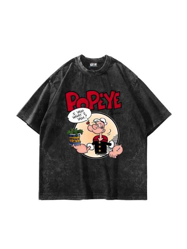 Popeye Baskılı Oversize Unisex Yıkamalı Siyah Tshirt