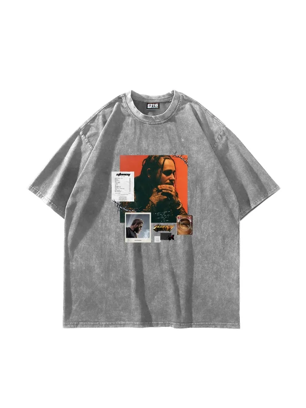 Post Malone Baskılı Oversize Unisex Yıkamalı Beyaz Tshirt