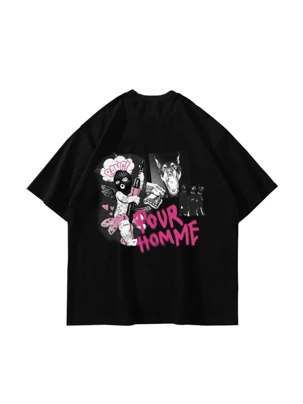 Pour Homme Baskılı 24/1 Oversize Unisex Siyah Tshirt