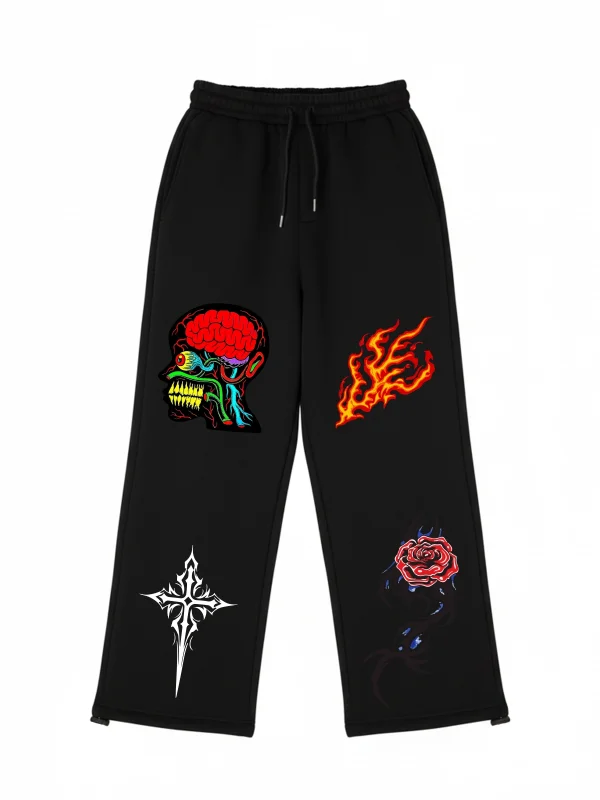 Premium Challenge Your Mind Wide Leg Erkek Siyah Eşofman Altı