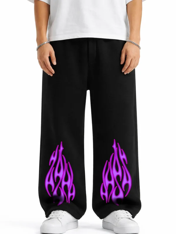Premium Purple Flame Wide Leg Erkek Siyah Eşofman Altı