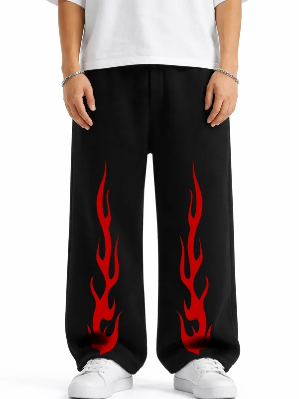 Premium Red Flame Wide Leg Erkek Siyah Eşofman Altı