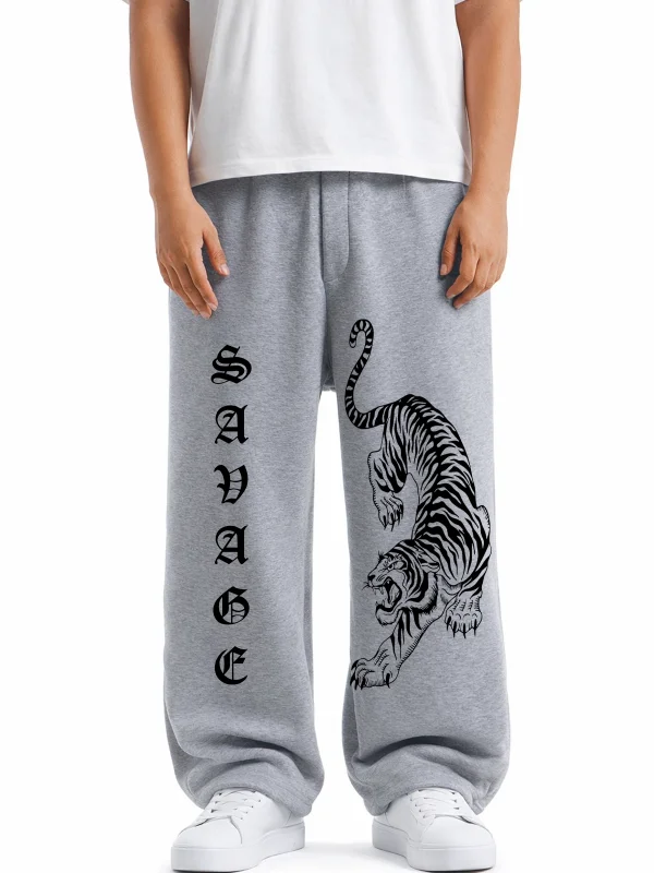 Premium Savage Tiger Wide Leg Erkek Gri Eşofman Altı