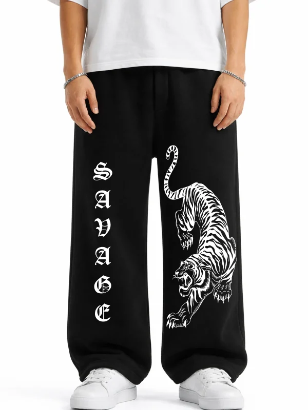 Premium Savage Tiger Wide Leg Erkek Siyah Eşofman Altı