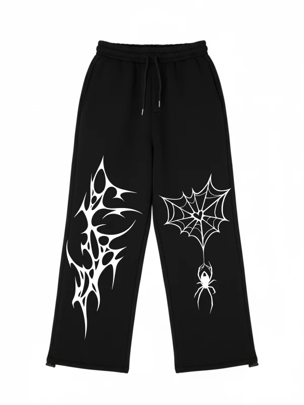 Premium Spider Web Wide Leg Erkek Siyah Eşofman Altı