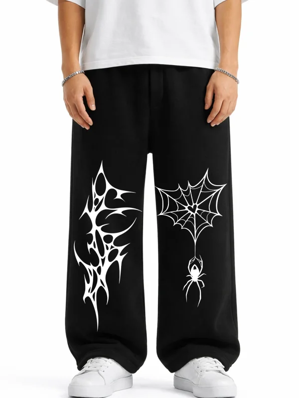 Premium Spider Web Wide Leg Erkek Siyah Eşofman Altı