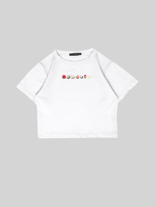 Pretty Emoji Baskılı Beyaz Crop Top