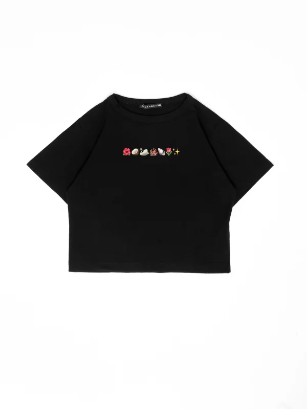 Pretty Emoji Baskılı Siyah Crop Top