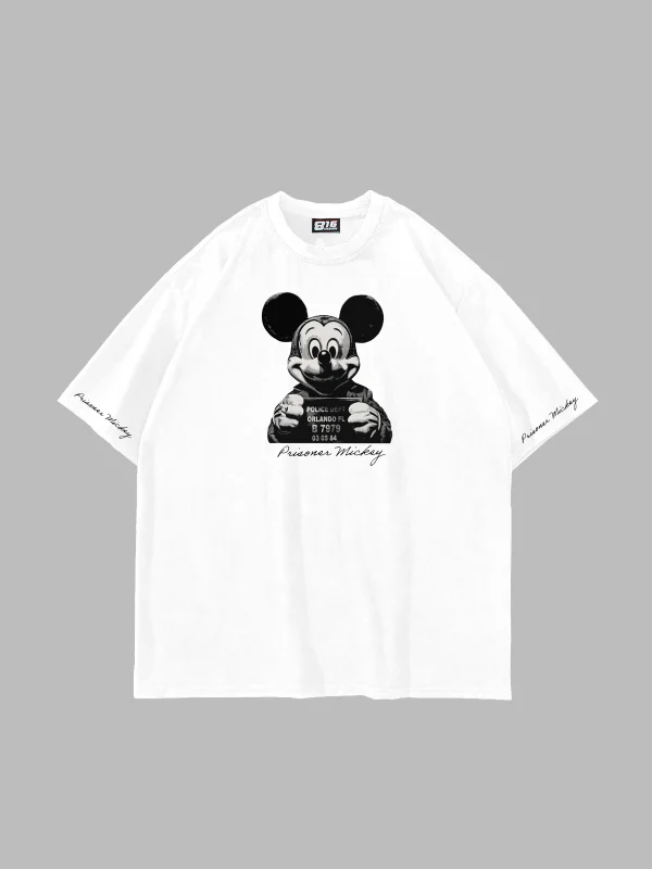 Prisoner Mickey Baskılı Oversize Unisex Beyaz Tshirt