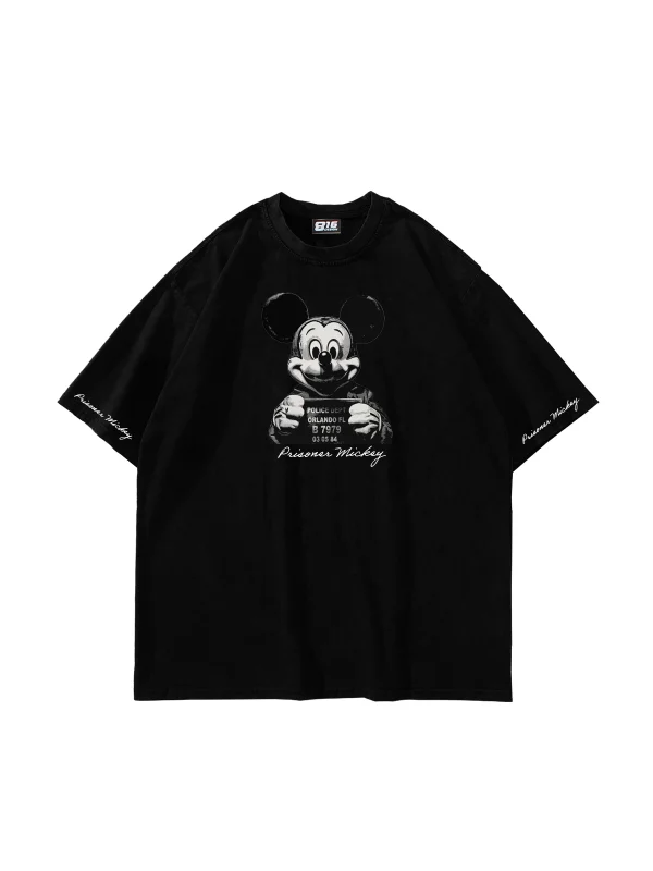 Prisoner Mickey Baskılı Oversize Unisex Siyah Tshirt