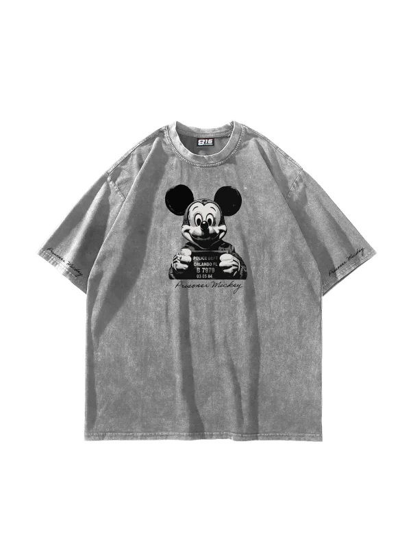 Prisoner Mickey Baskılı Oversize Unisex Yıkamalı Beyaz Tshirt