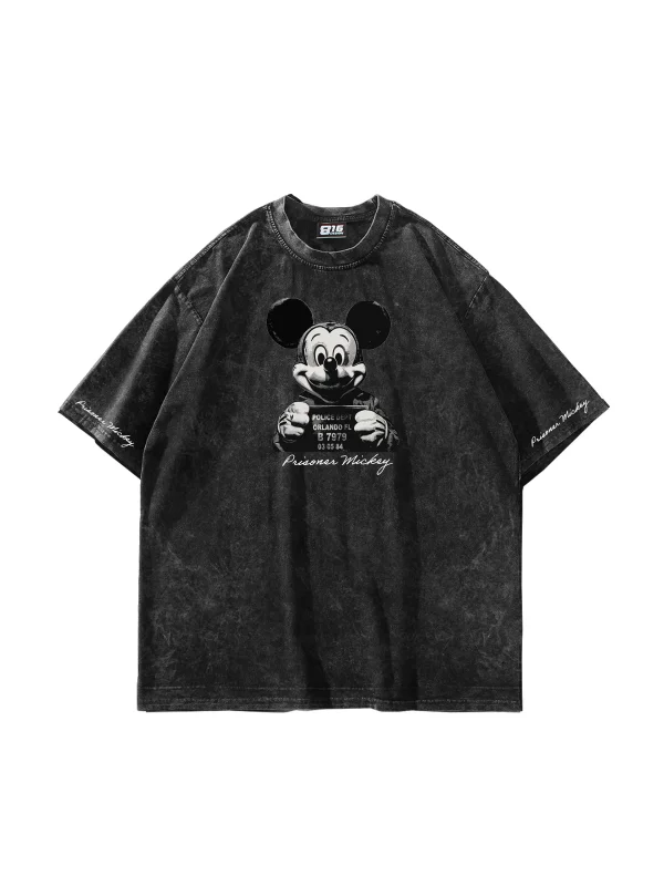 Prisoner Mickey Baskılı Oversize Unisex Yıkamalı Siyah Tshirt