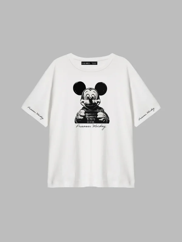Prisoner Mickey Baskılı Relaxed Fit Beyaz Kadın Tshirt