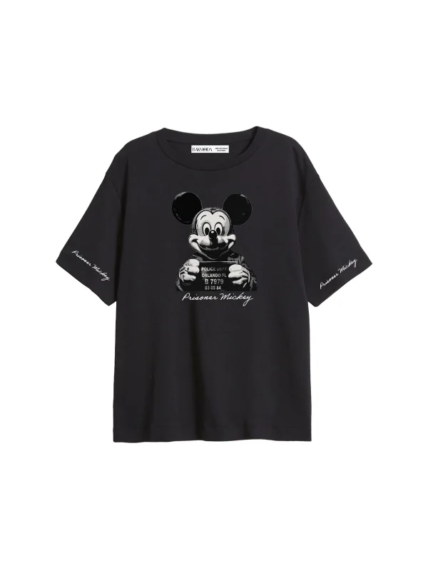Prisoner Mickey Baskılı Relaxed Fit Siyah Kadın Tshirt