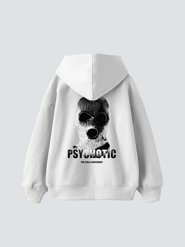 Psychotic Baskılı Oversize Unisex Beyaz Hoodie