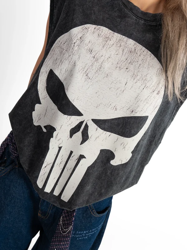 Punisher Graphic Baskılı Yıkamalı Siyah Sıfır Kol Tshirt