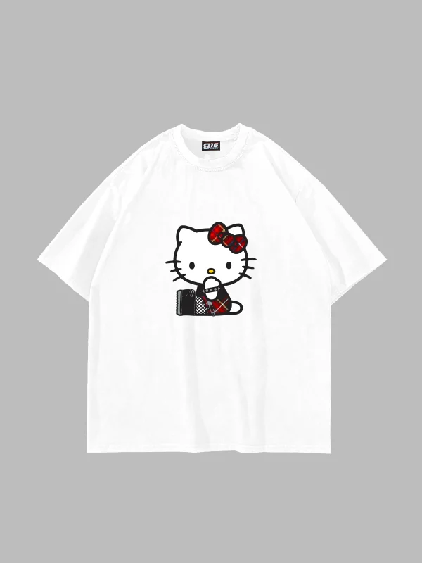 Punk H. Kitty Baskılı Oversize Unisex Beyaz Tshirt