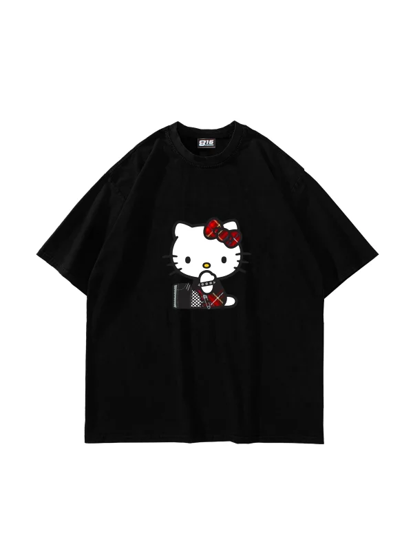 Punk H. Kitty Baskılı Oversize Unisex Siyah Tshirt