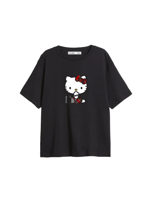 Punk H. Kitty Baskılı Relaxed Fit Siyah Kadın Tshirt