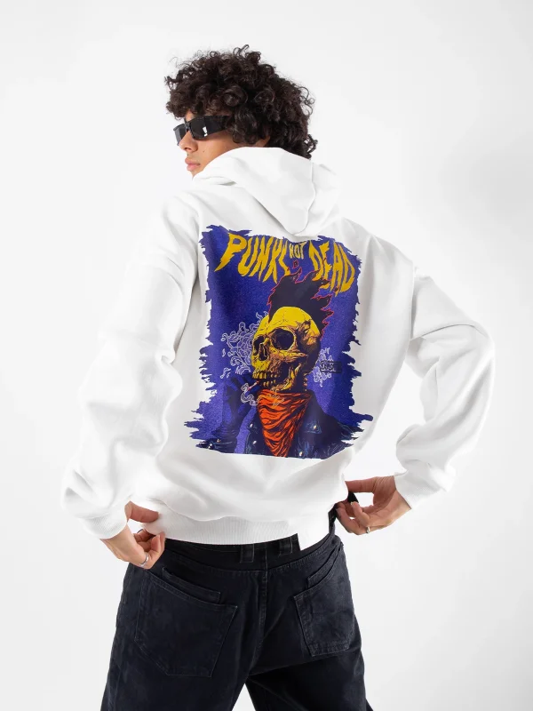 Punks Not Dead Baskılı Oversize Unisex Beyaz Hoodie