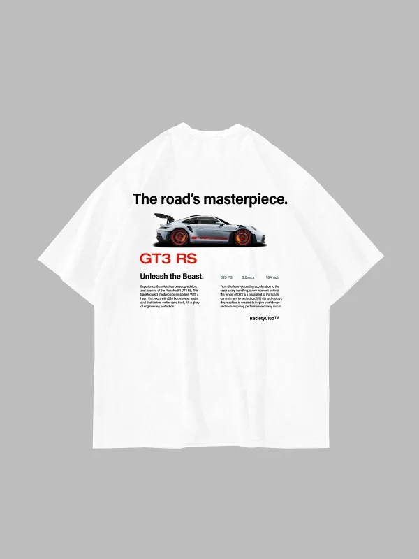 Racing 911 Car Baskılı Oversize Unisex Beyaz Tshirt