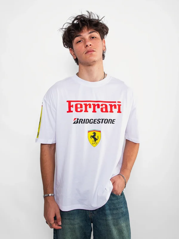 Racing F. Baskılı Oversize Unisex Beyaz Tshirt