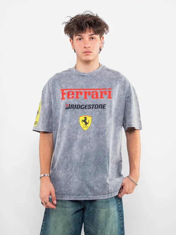 Racing F. Baskılı Oversize Unisex Yıkamalı Beyaz Tshirt