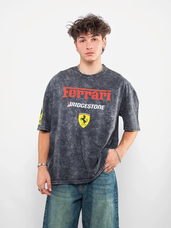 Racing F. Baskılı Oversize Unisex Yıkamalı Siyah Tshirt