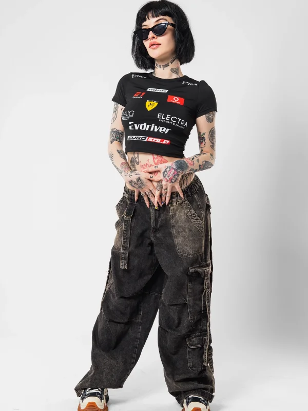 Racing Logo Baskılı Kısa Kollu Siyah Crop Top