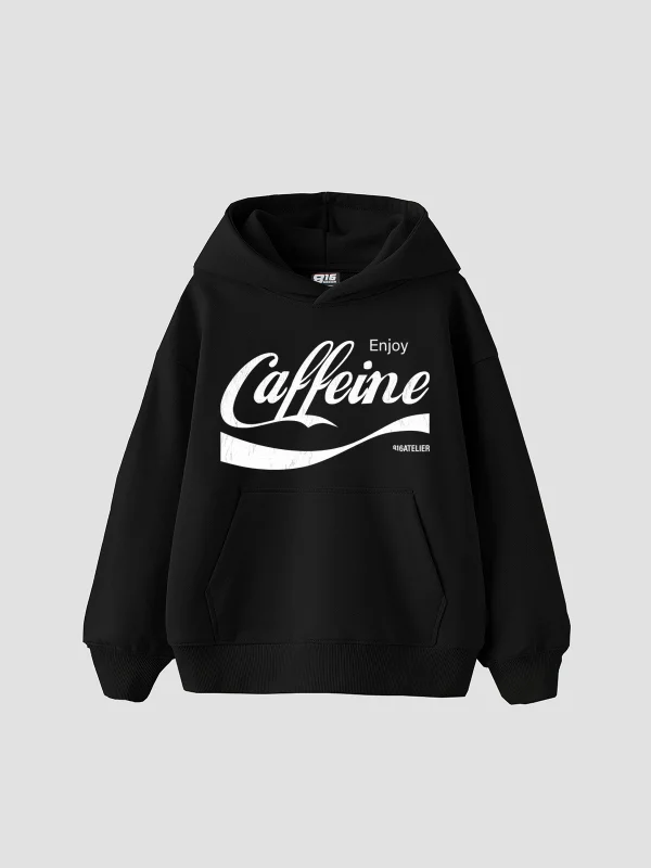 Caffeine Baskılı Oversize Unisex Siyah Hoodie