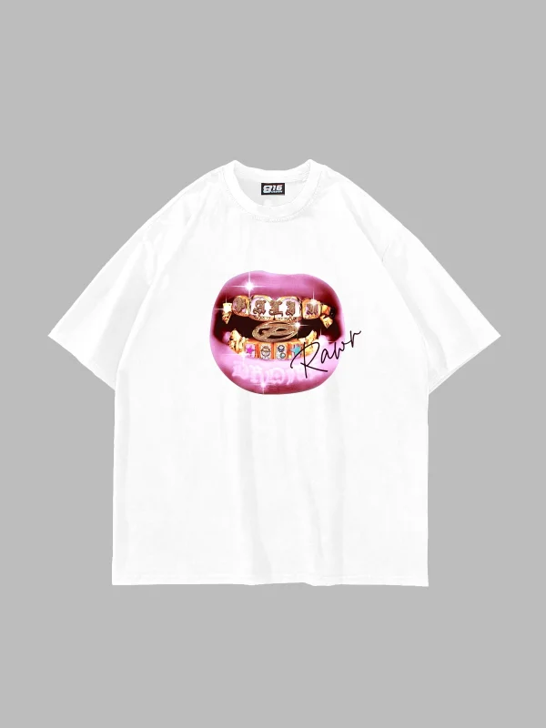 Rawr Teeth Baskılı Oversize Unisex Beyaz Tshirt