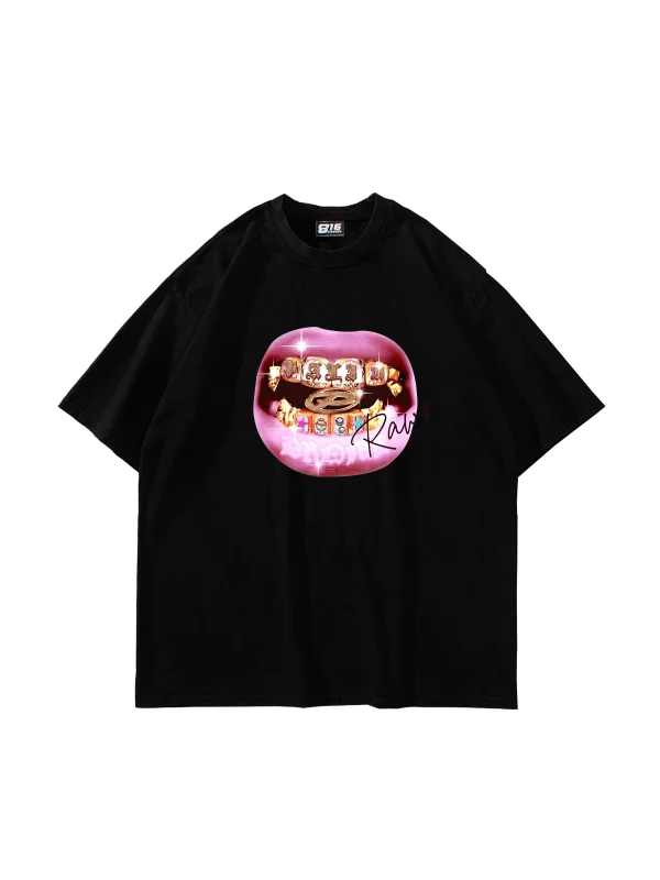 Rawr Teeth Baskılı Oversize Unisex Siyah Tshirt