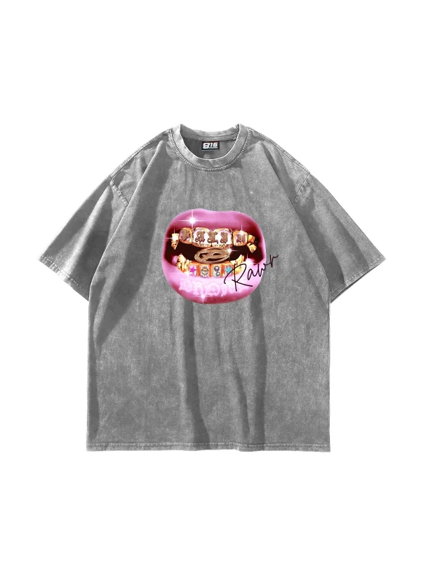 Rawr Teeth Baskılı Oversize Unisex Yıkamalı Beyaz Tshirt