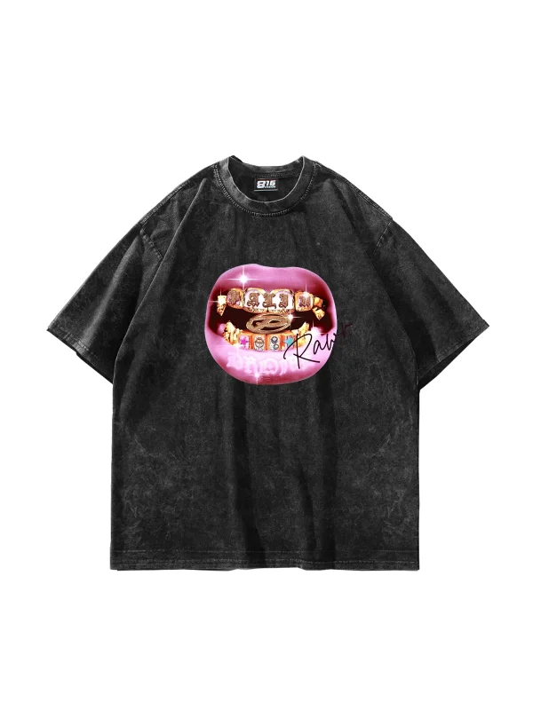 Rawr Teeth Baskılı Oversize Unisex Yıkamalı Siyah Tshirt