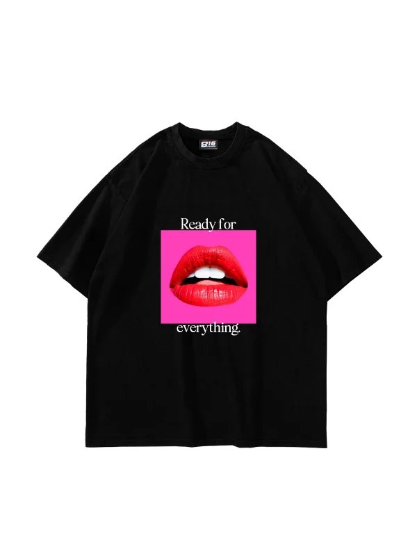 Ready For Everything Baskılı Oversize Unisex Siyah Tshirt