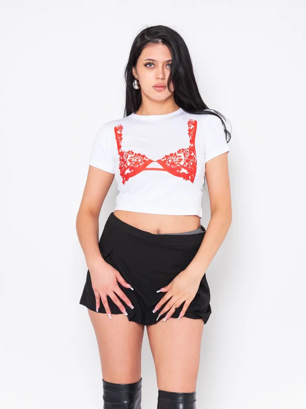 Red Bra Baskılı Beyaz Crop Top
