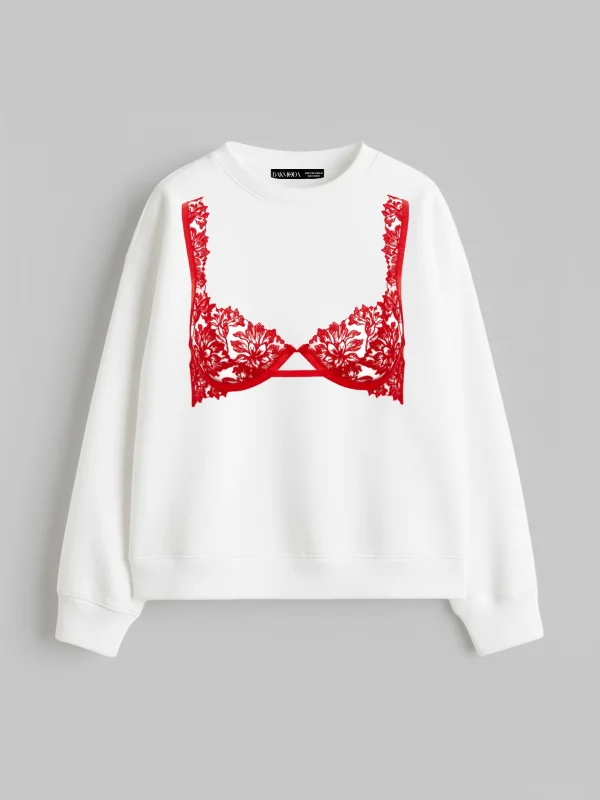 Red Bra Baskılı Kapüşonsuz Relaxed Fit Kadın Beyaz Sweatshirt