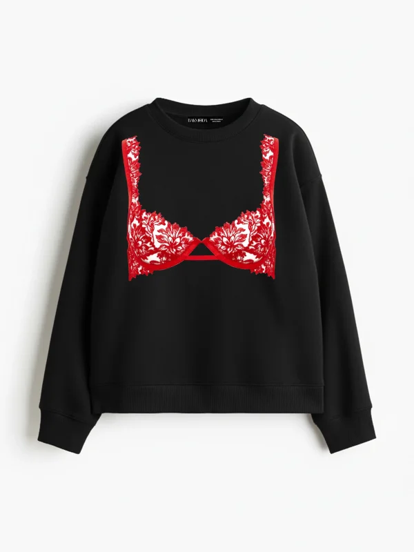 Red Bra Baskılı Kapüşonsuz Relaxed Fit Kadın Siyah Sweatshirt