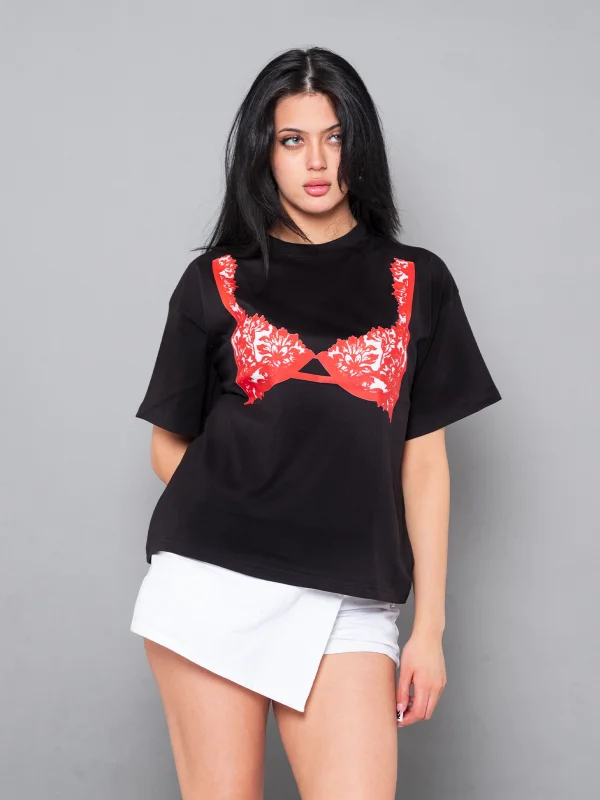 Red Bra Baskılı Relaxed Fit Siyah Kadın Tshirt