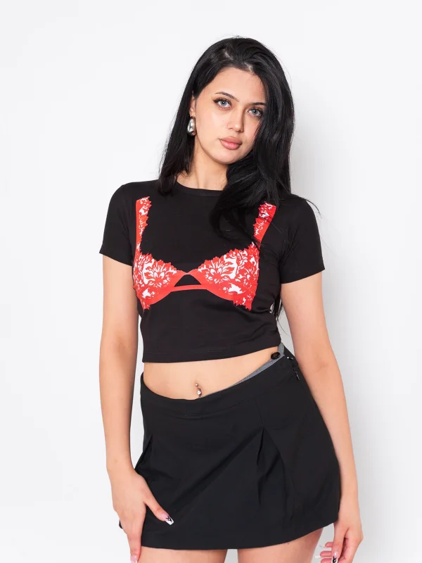 Red Bra Baskılı Siyah Crop Top